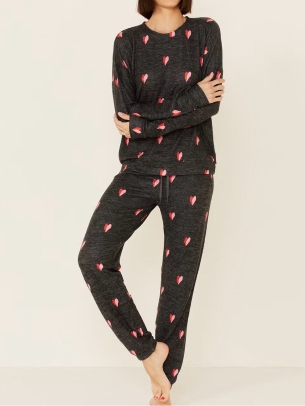 PJ Salvage Charcoal Heart Print Knit Sweatshirt & Joggers Set- extra small